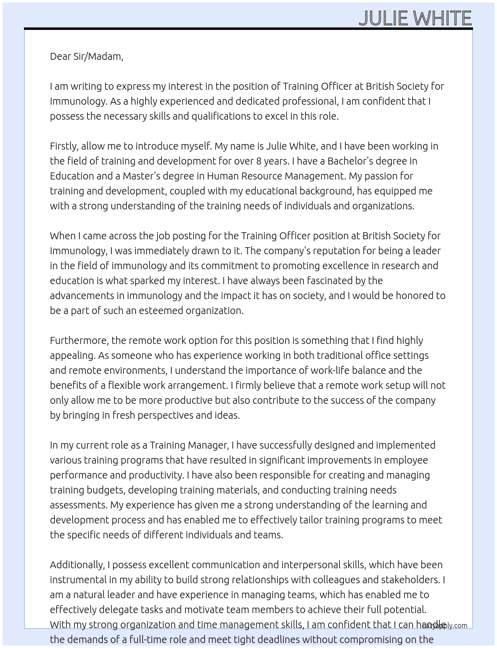 Training Officer At British Society for Immunology Cover Letter