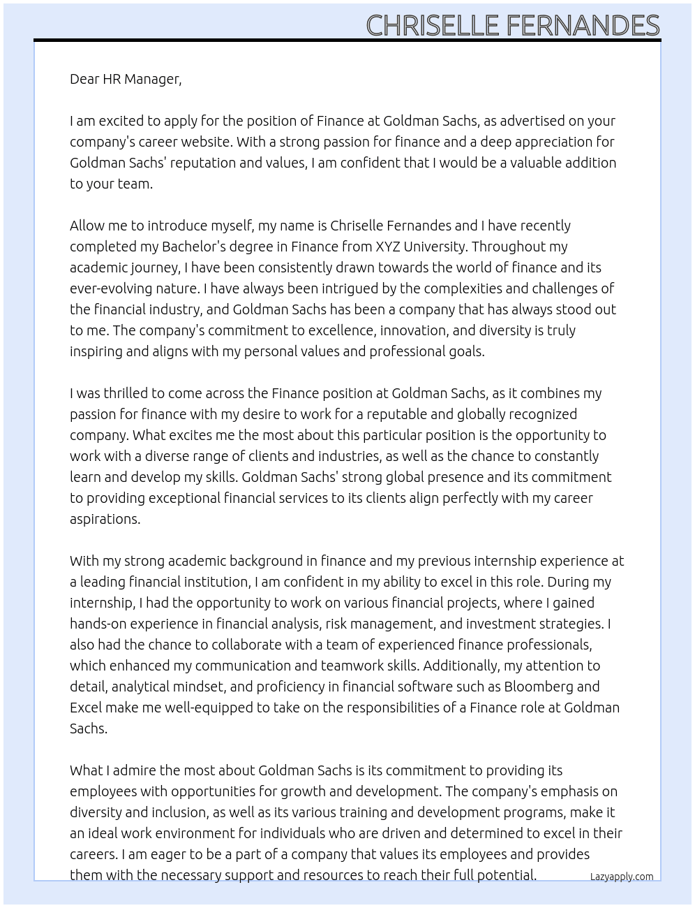 finance At goldman sachs Cover Letter