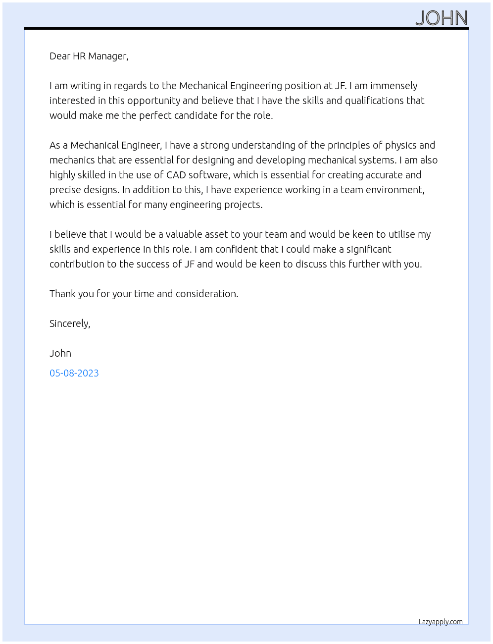 Mechanical Engineering At Jf Cover Letter