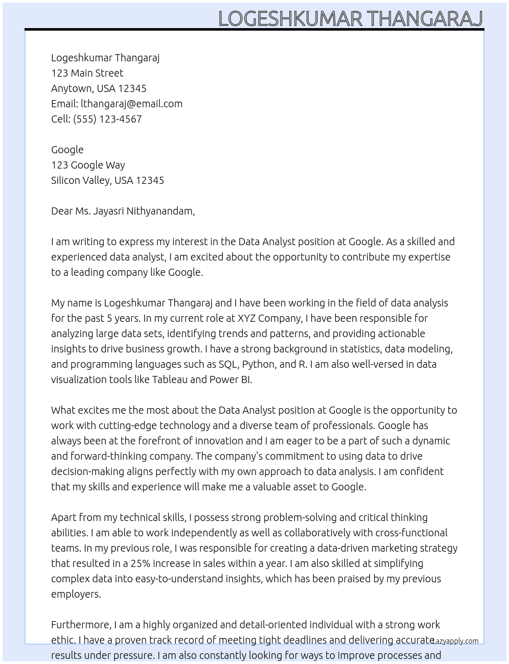 Cover letter for data analyist - LazyApply