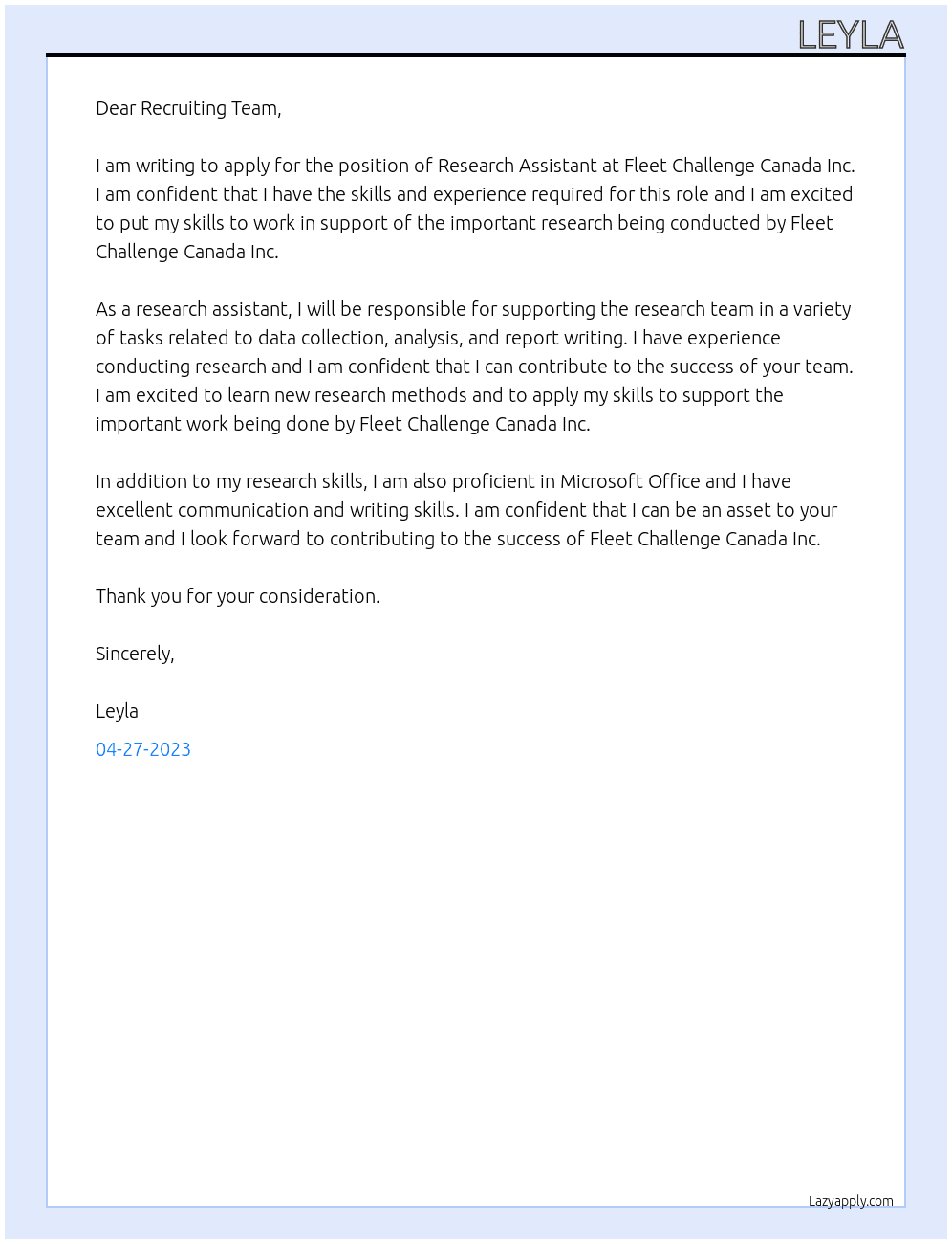 Research Assistant  At Fleet Challenge Canada Inc. Cover Letter