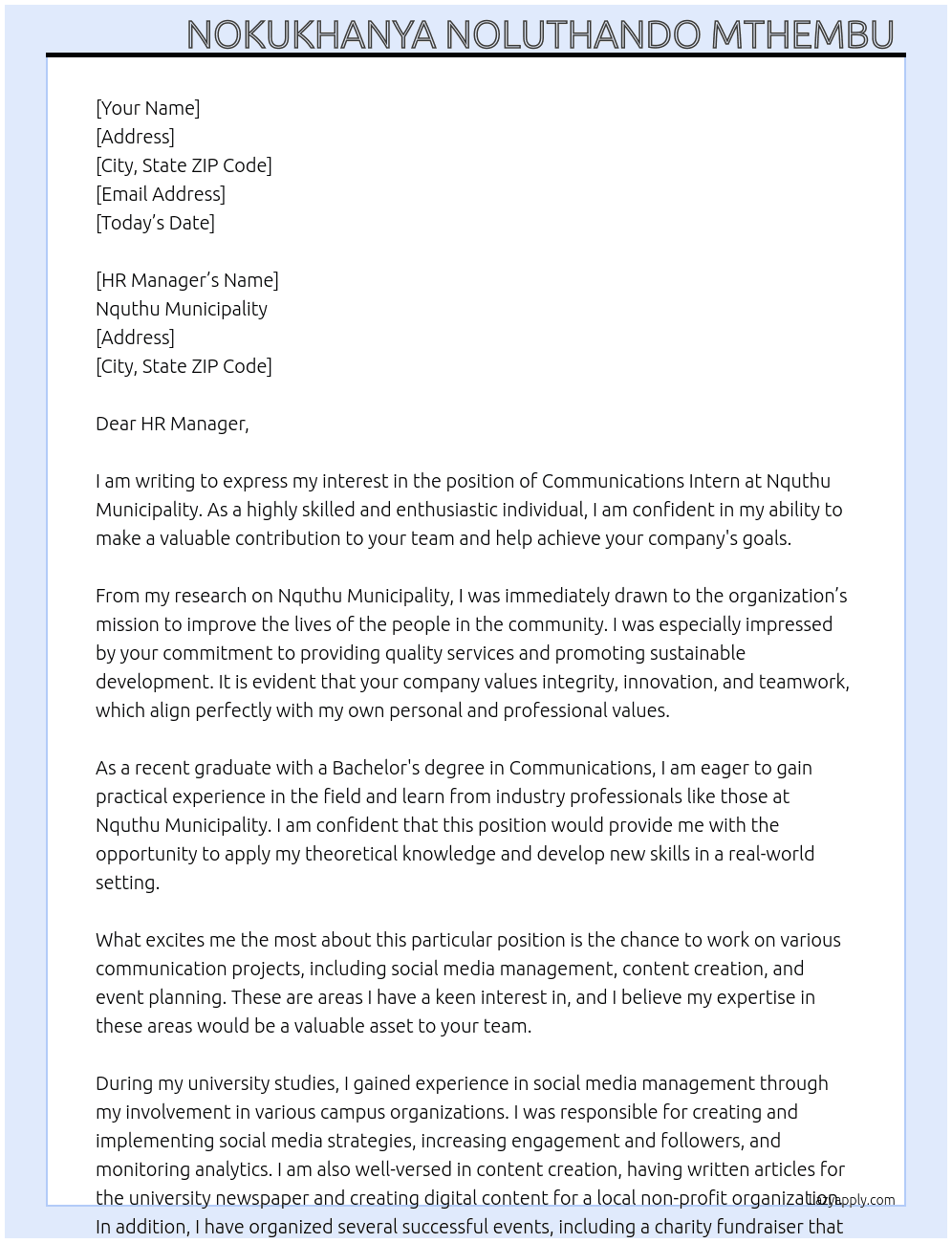 Communications Intern At Nquthu Municipality  Cover Letter