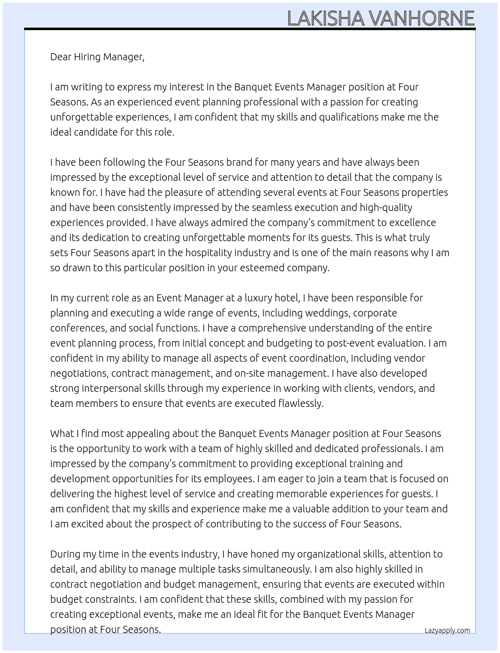 Banquet Events Manager At Four Seasons Cover Letter