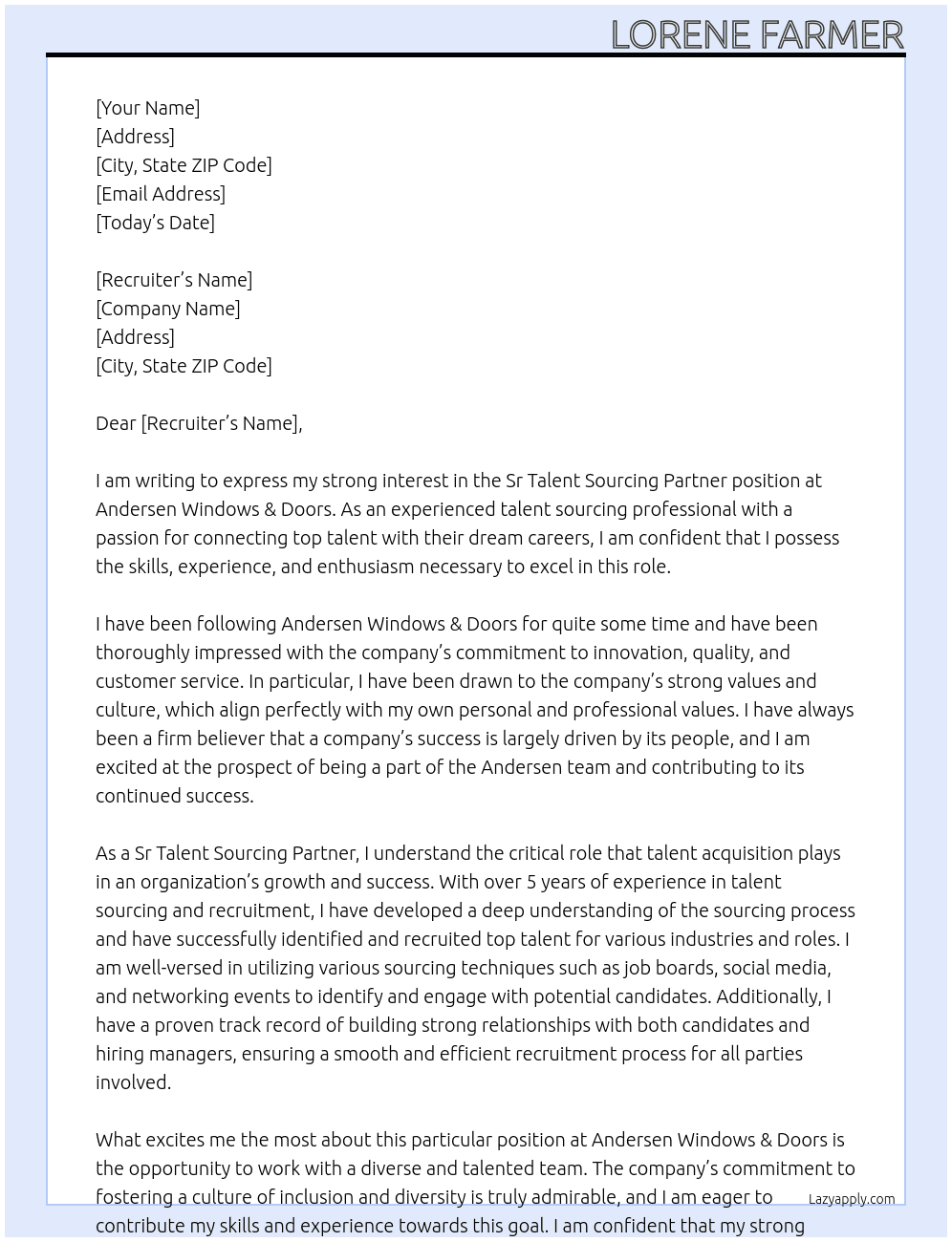 Sr Talent Sourcing Partner At Andersen Windows & Doors Cover Letter