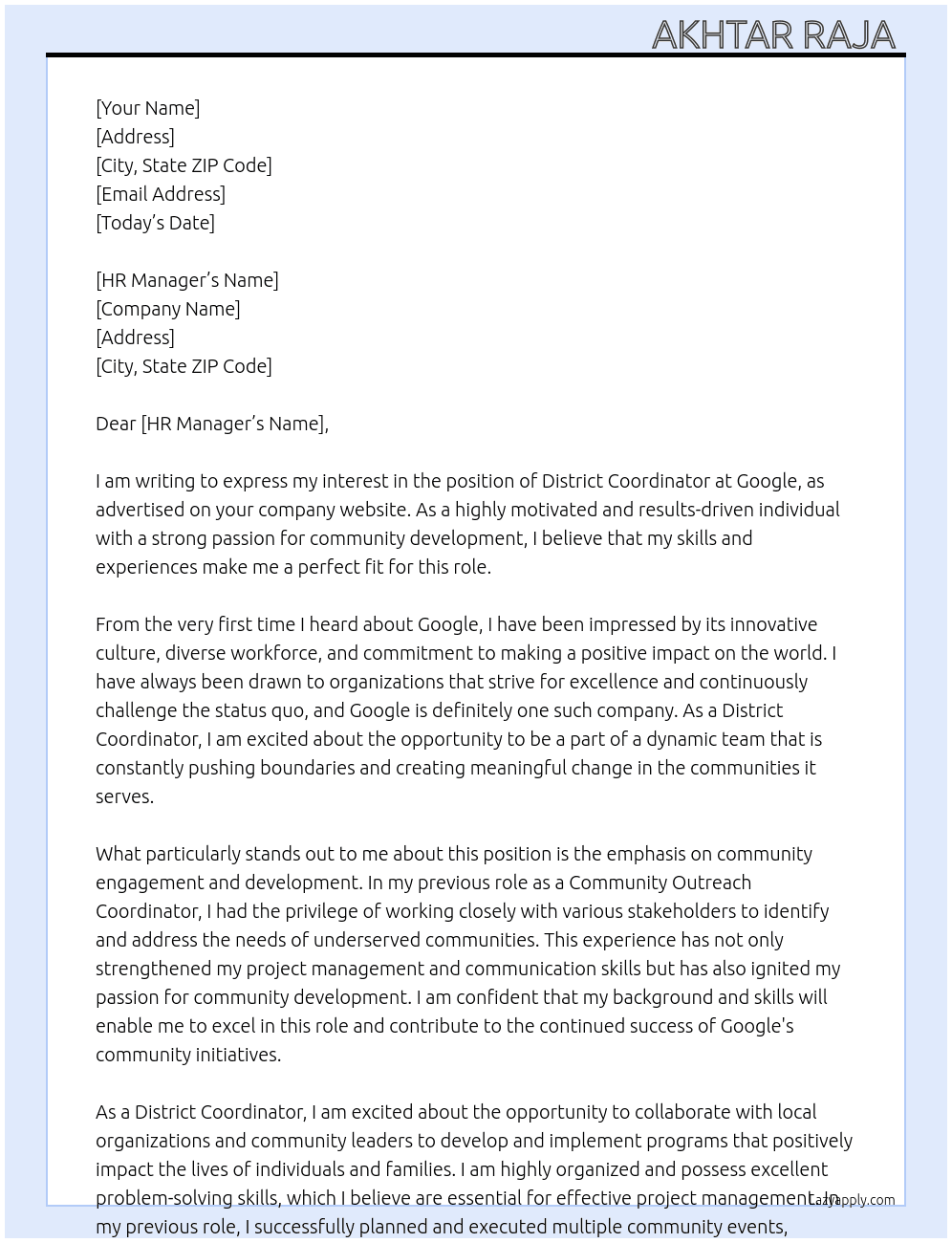 DISTRICT COORDINATOR  At Google  Cover Letter