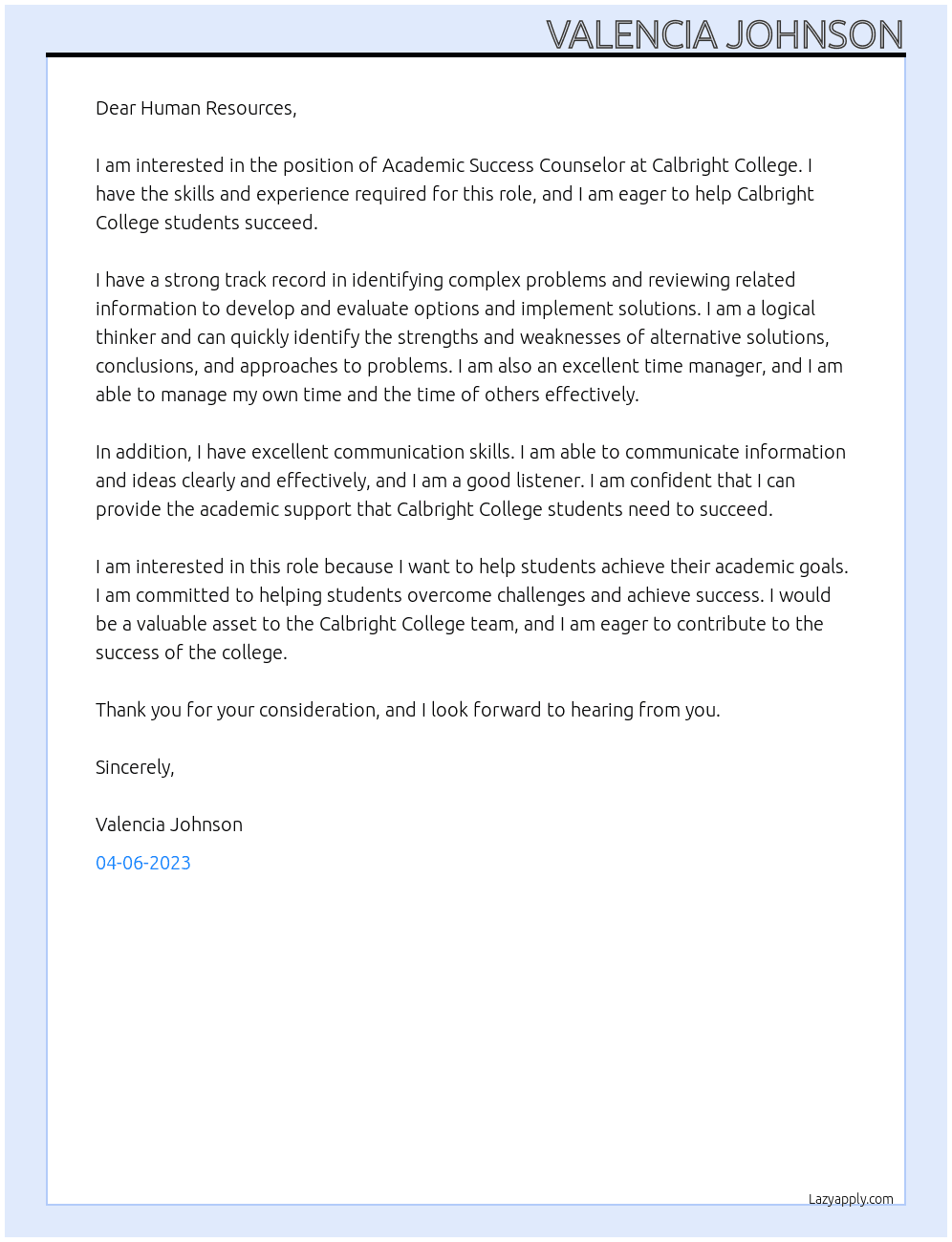 Academic Success Counselor At Calbright college Cover Letter