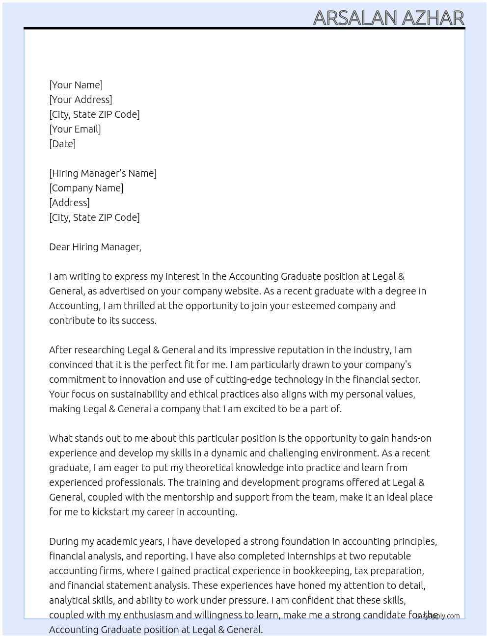 Accounting Graduate  At Legal & General Cover Letter