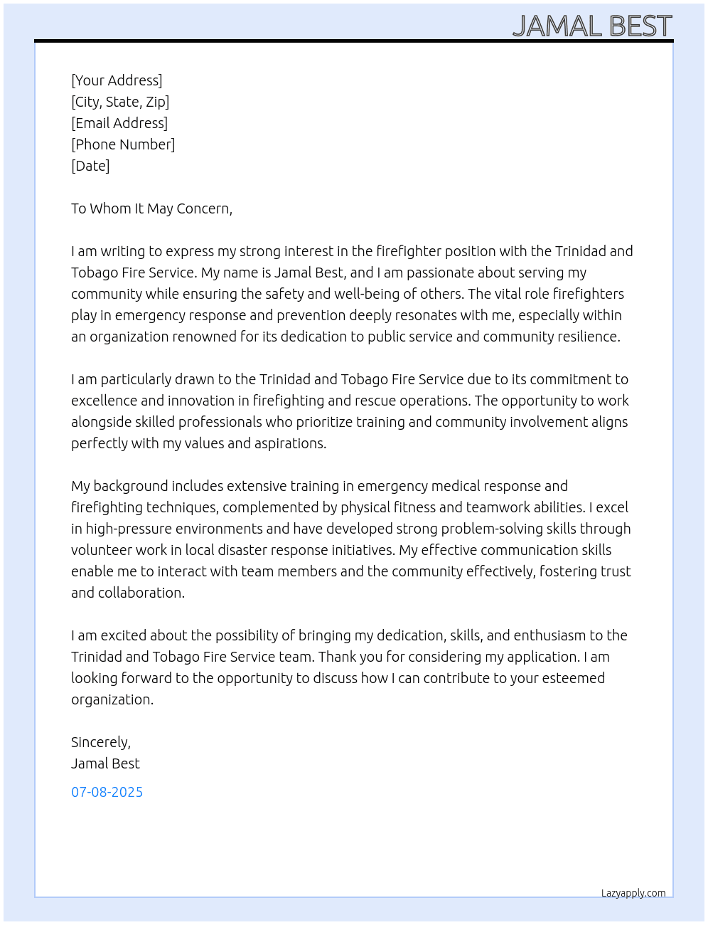 firefighter At Trinidad and tobago fire service Cover Letter