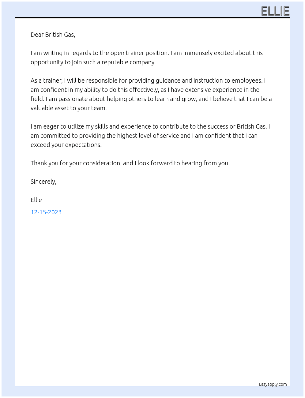 trainer At British gas Cover Letter