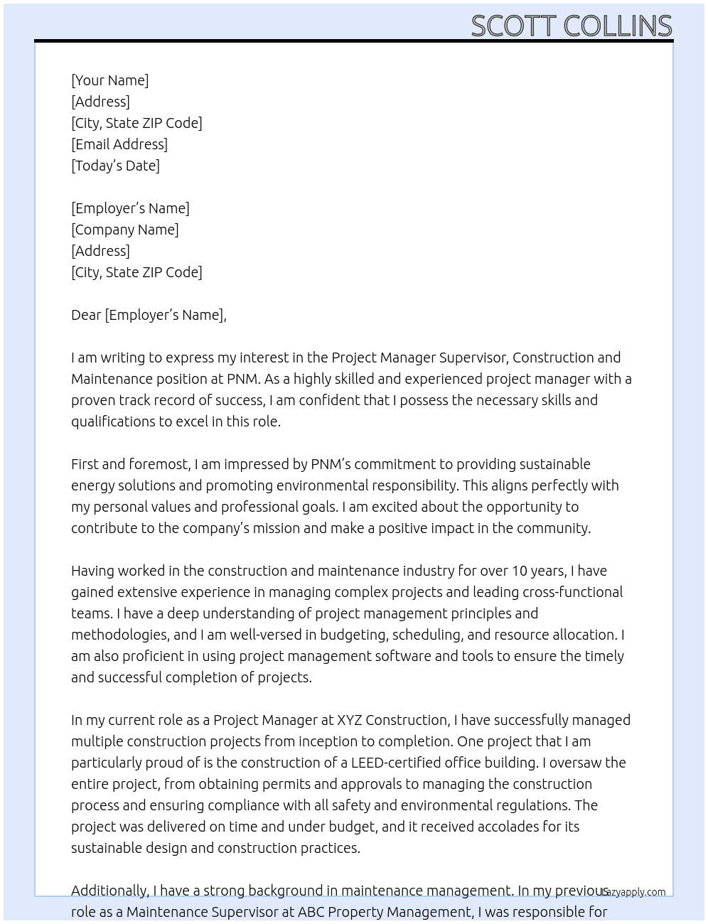 Project Manager Supervisor, Construction and Maintenance At PNM Cover Letter