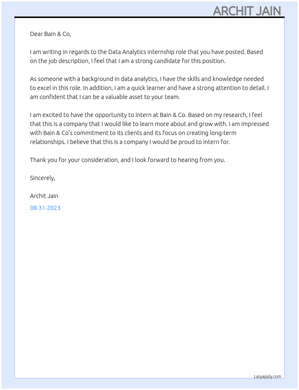 Data Analytics  At Bain & Co  Cover Letter