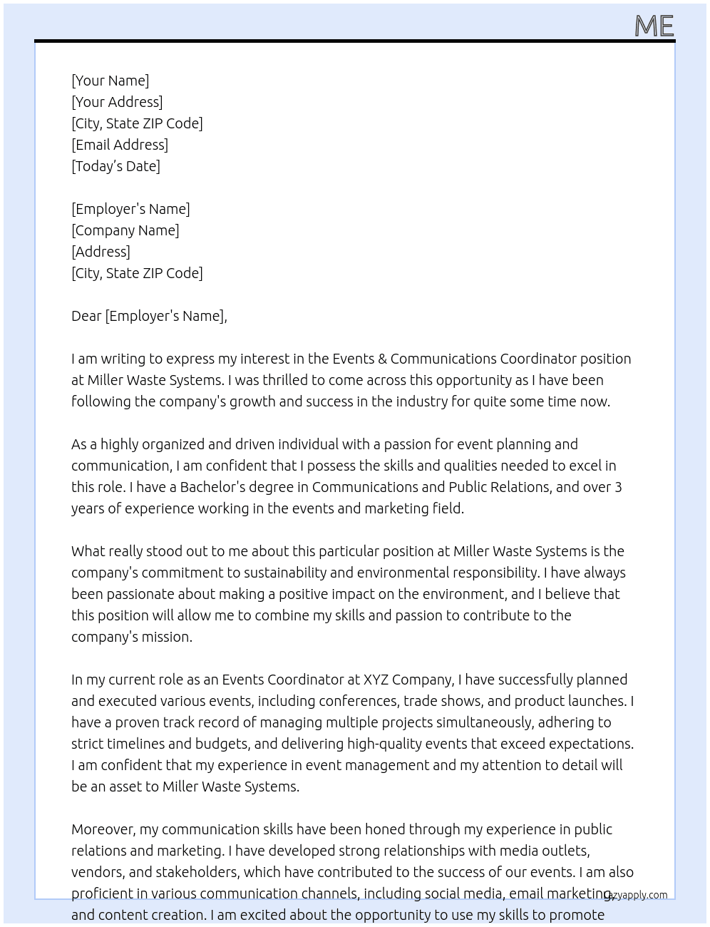 Events & Communications Coordinator At Miller Waste Systems Cover Letter