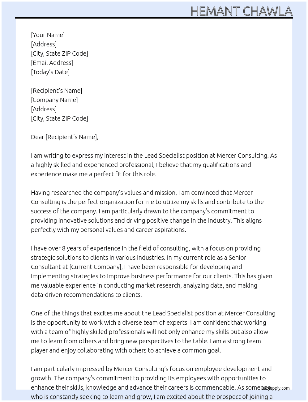 lead specialist At mercer consulting Cover Letter