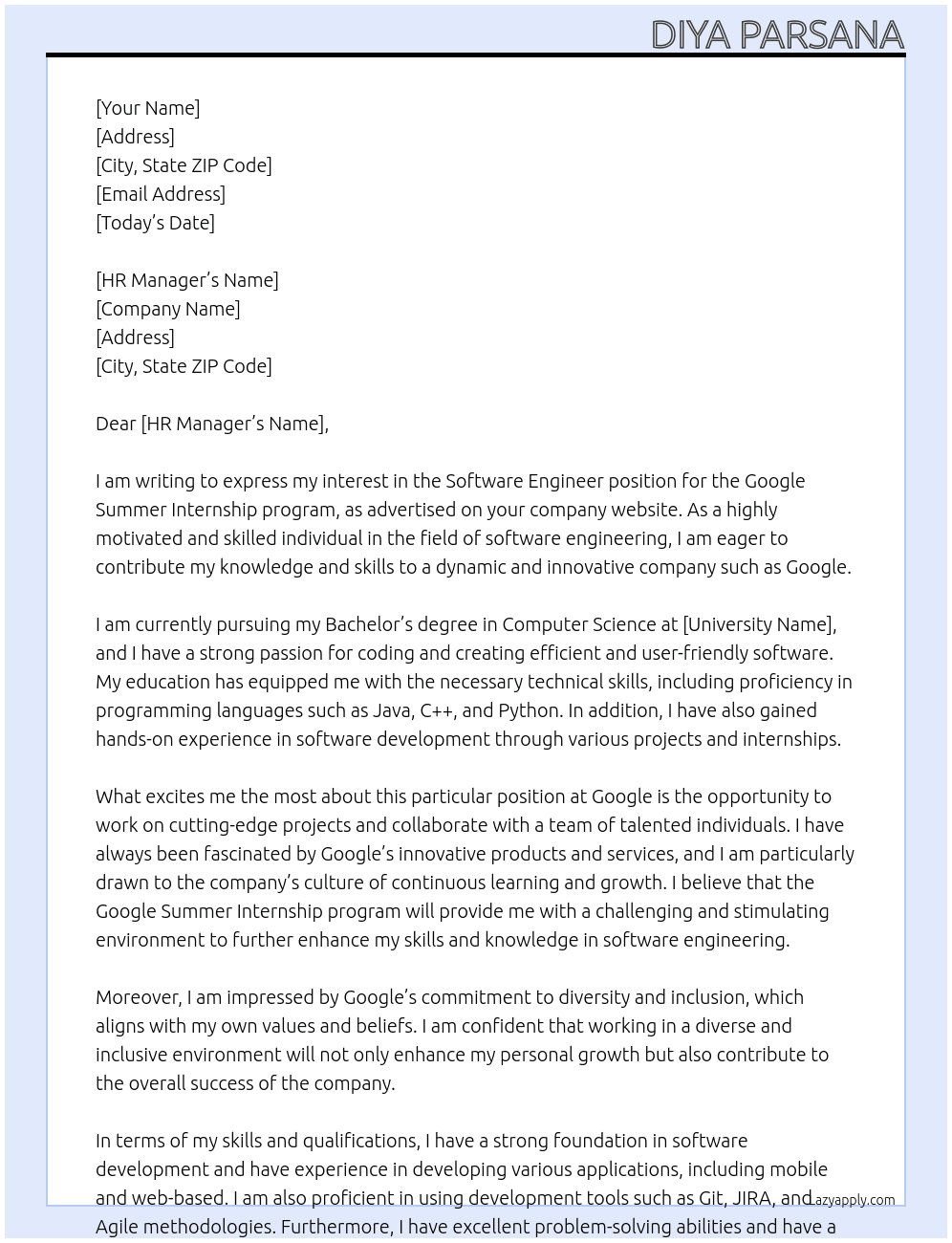 Software Enginner At Google Summer internship Cover Letter