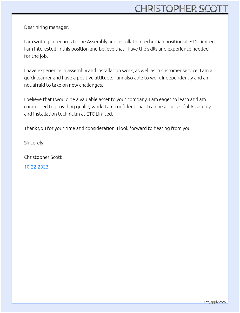Assembly and installation technician At ETC Limited Cover Letter