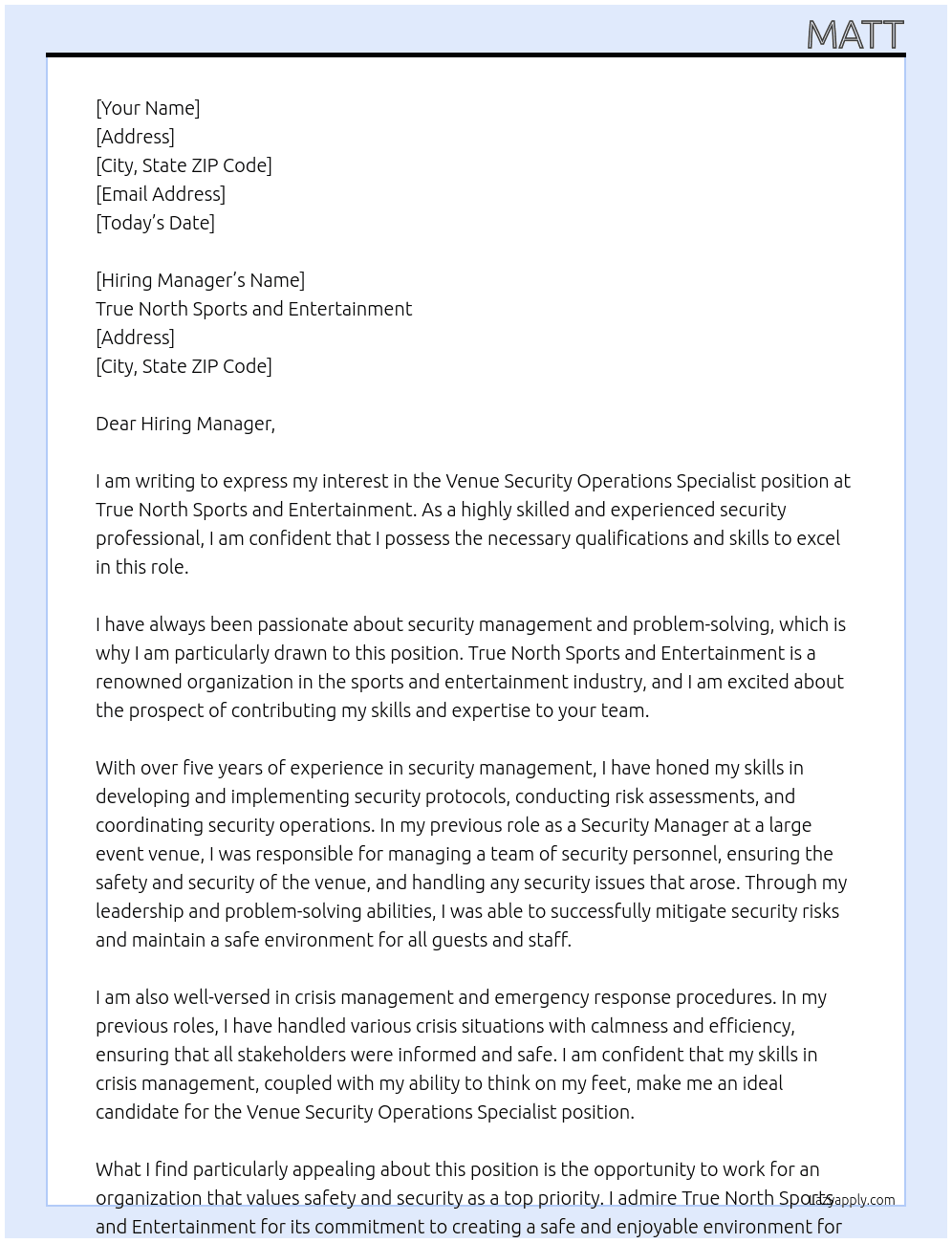 Venue Security Operations Specialist At True North Sports and Entertainment Cover Letter