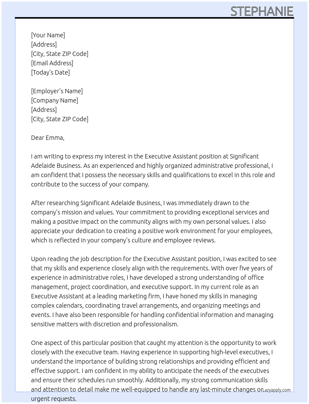 Executive Assistant At significant Adelaide business Cover Letter