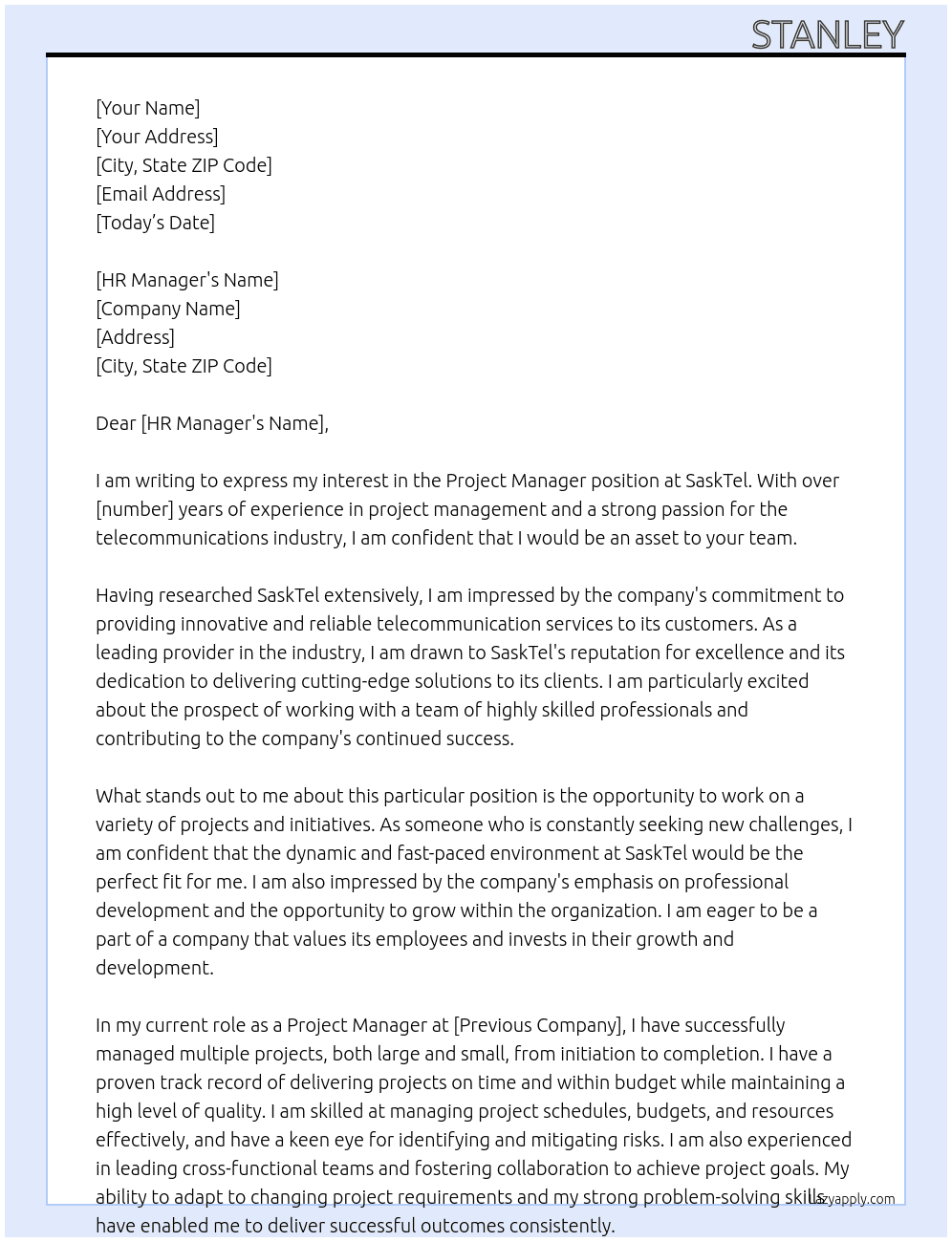 project manager At sasktel Cover Letter