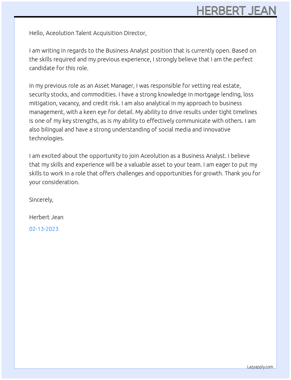 Business Analyst  At Aceolution Cover Letter