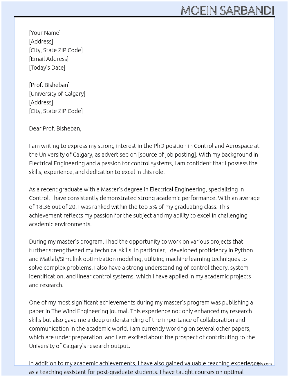 PhD Position in Control and Aerospace At University of Calgary Cover Letter