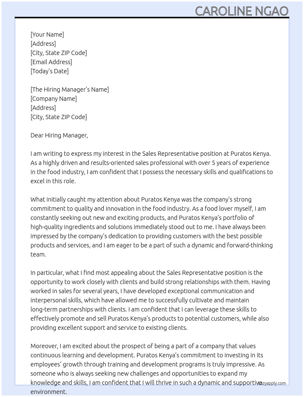 Sales Representative At Puratos Kenya Cover Letter