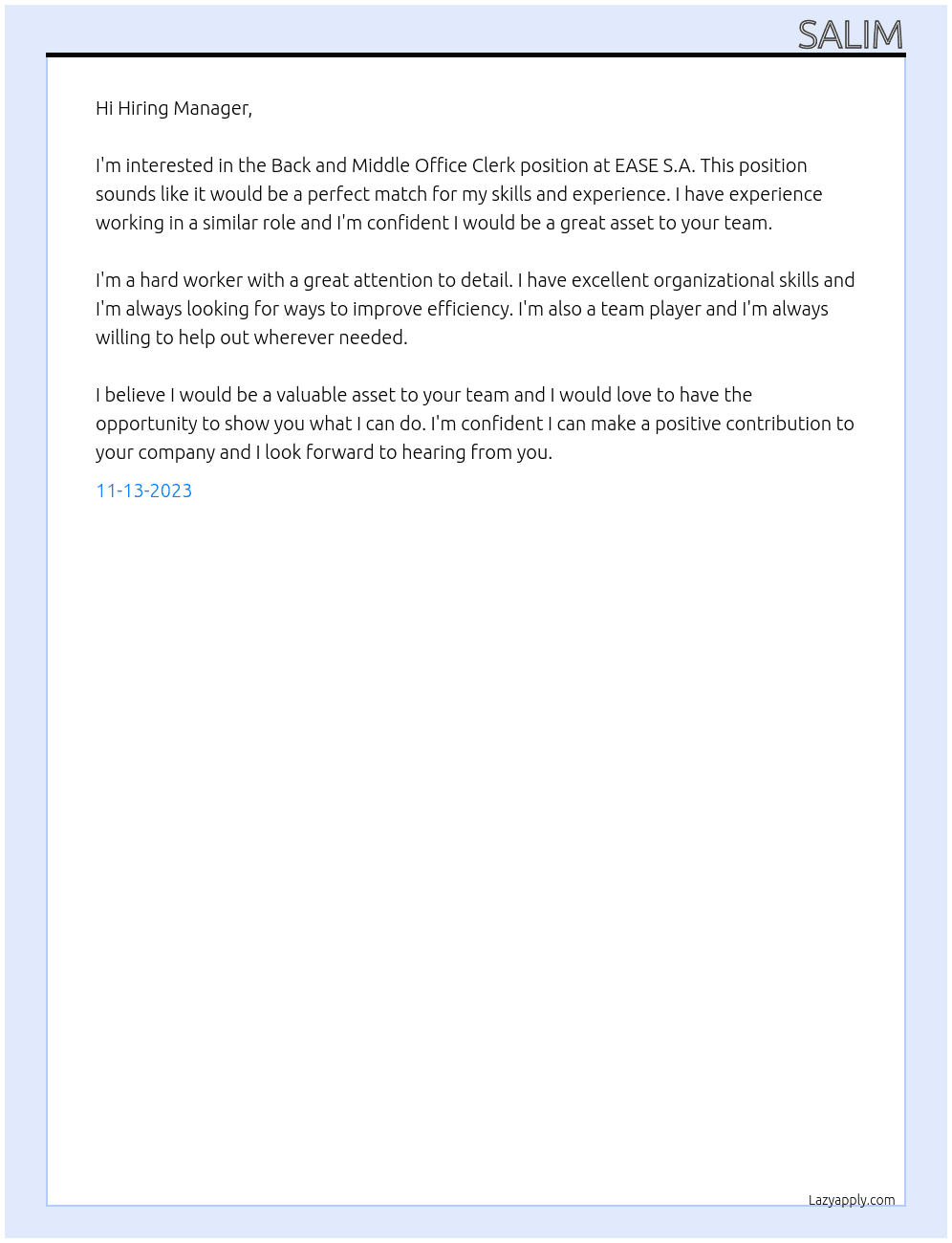 Back and Midlle Office clerk At EASE S.A. Cover Letter