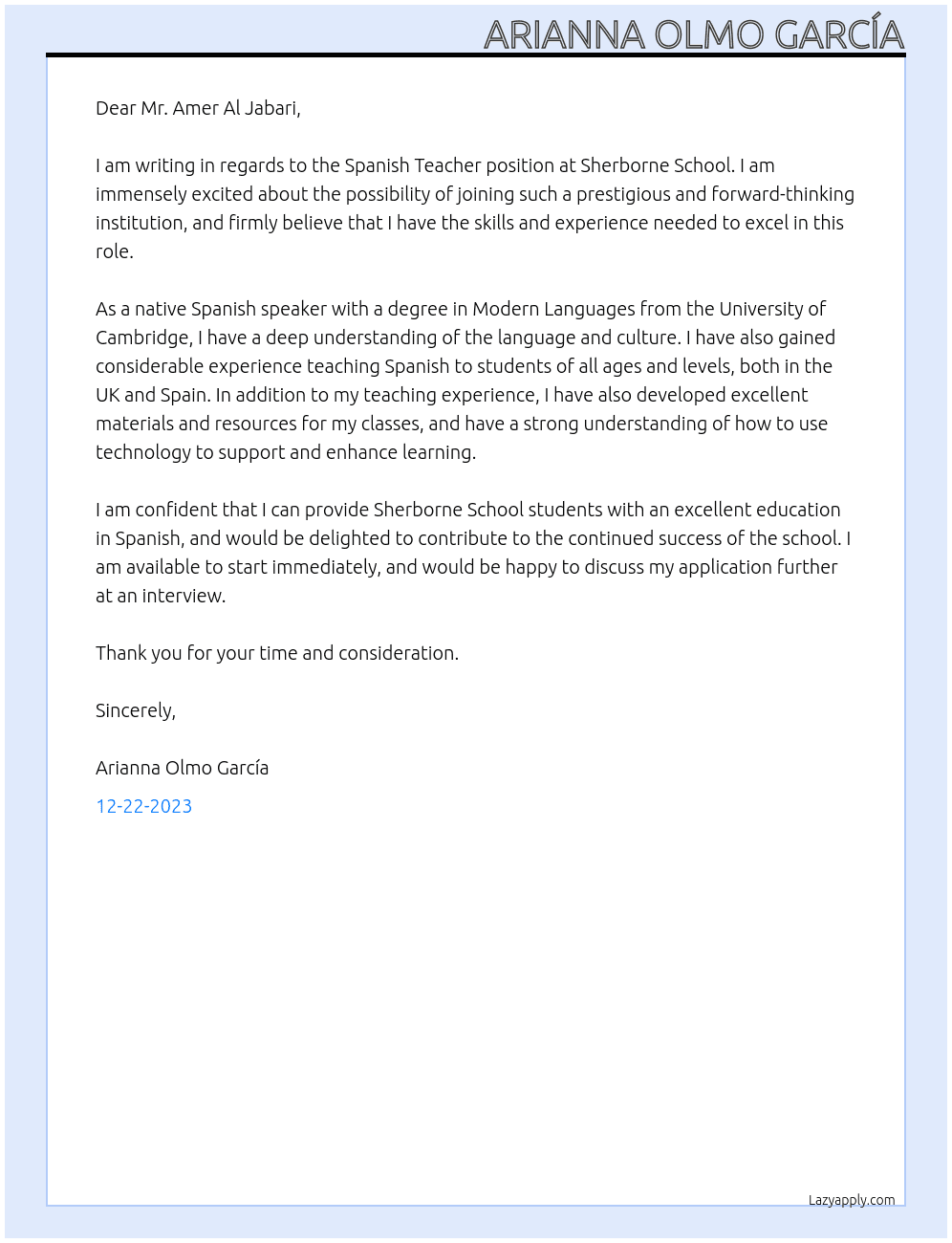 Spanish Teacher At Sherborne School Cover Letter