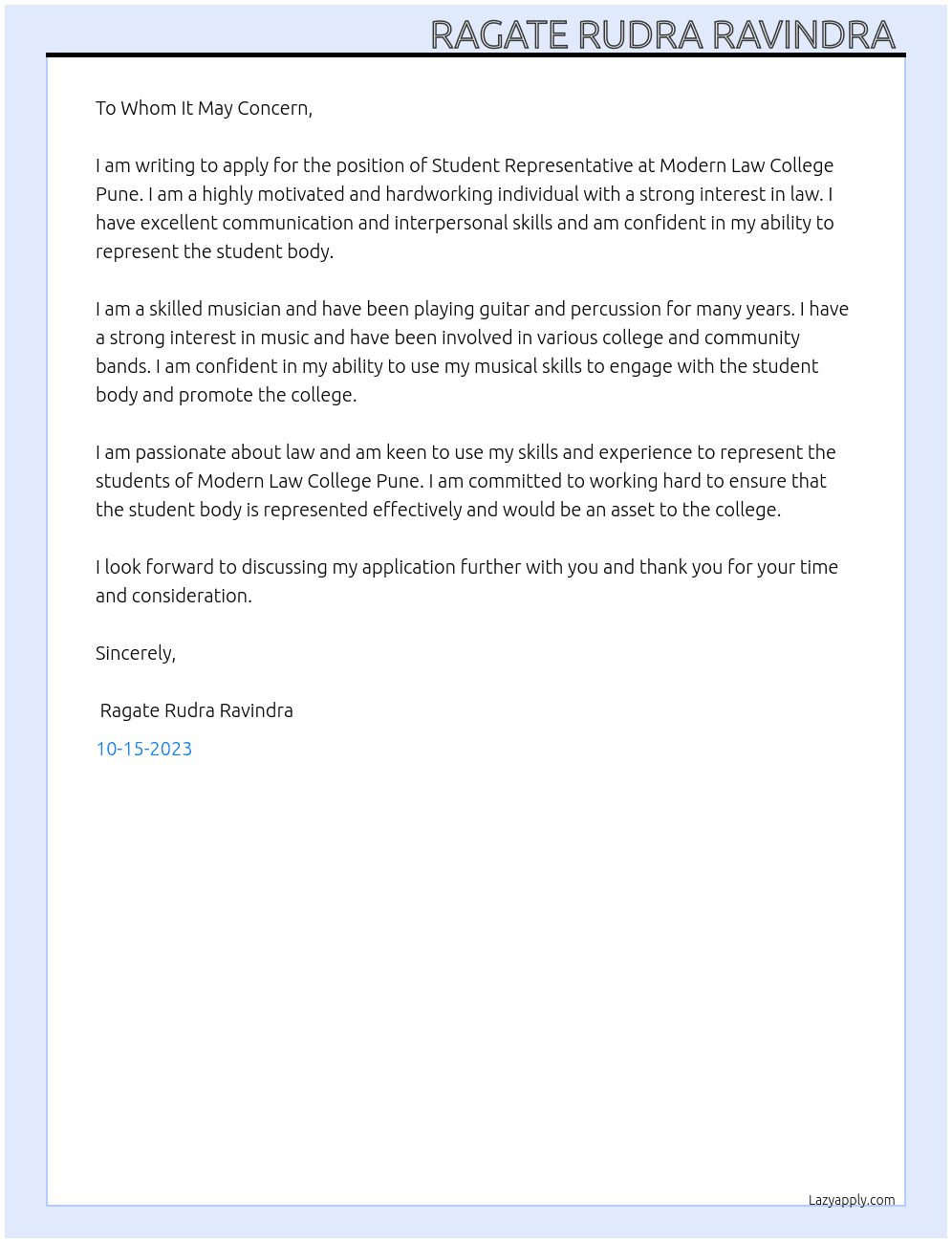 STUDENT REPRESENTATIVE  At MODERN LAW COLLEGE PUNE Cover Letter
