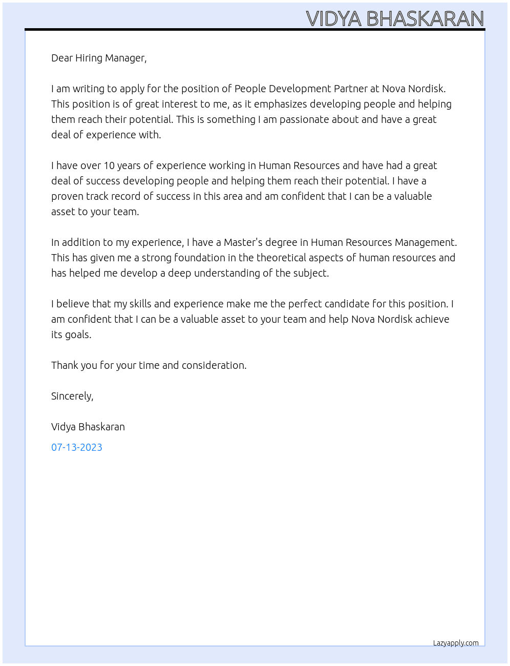 People Development Partner At Nova Nordisk Cover Letter