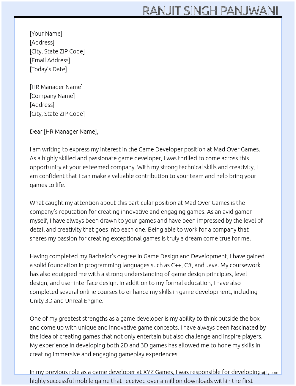 Game Developer  At Mad Over Games Cover Letter