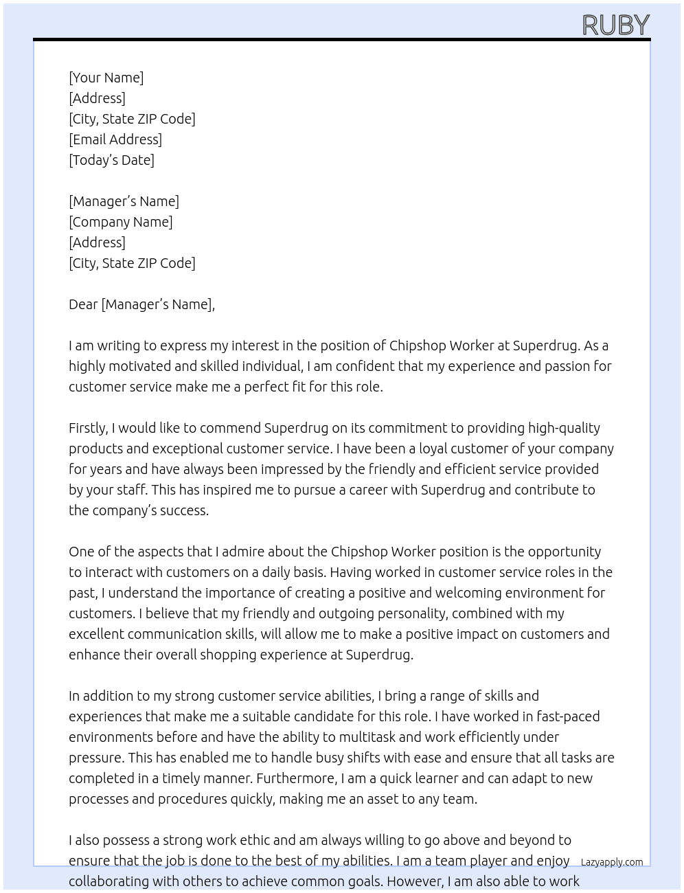 chipshop worker At superdrug Cover Letter