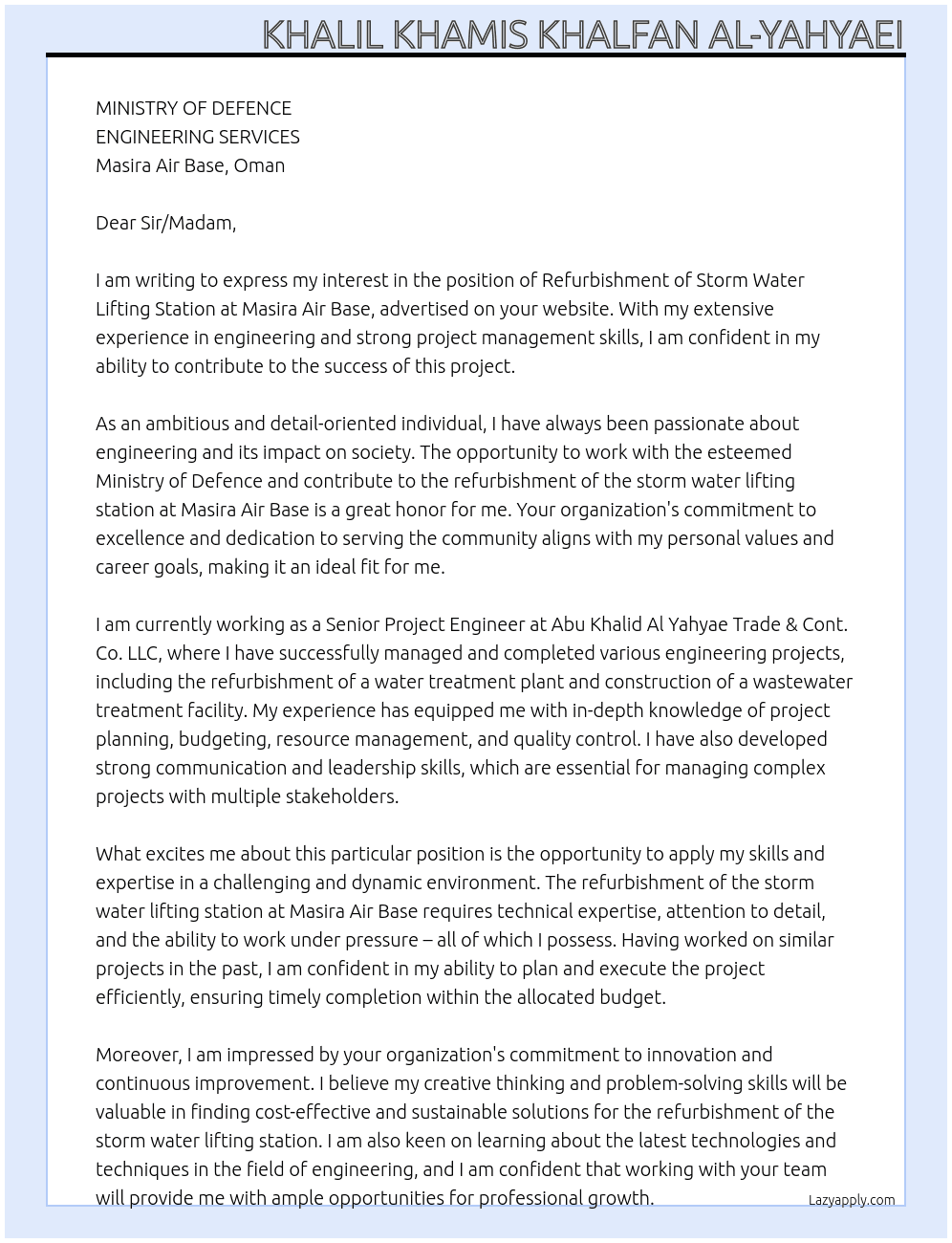 REFURBISHMENT OF STORM WATER LIFTING STATION AT MASIRA AIR BASE At ABU KHALID AL YAHYAE TRADE. & CONT. CO. LLC Cover Letter