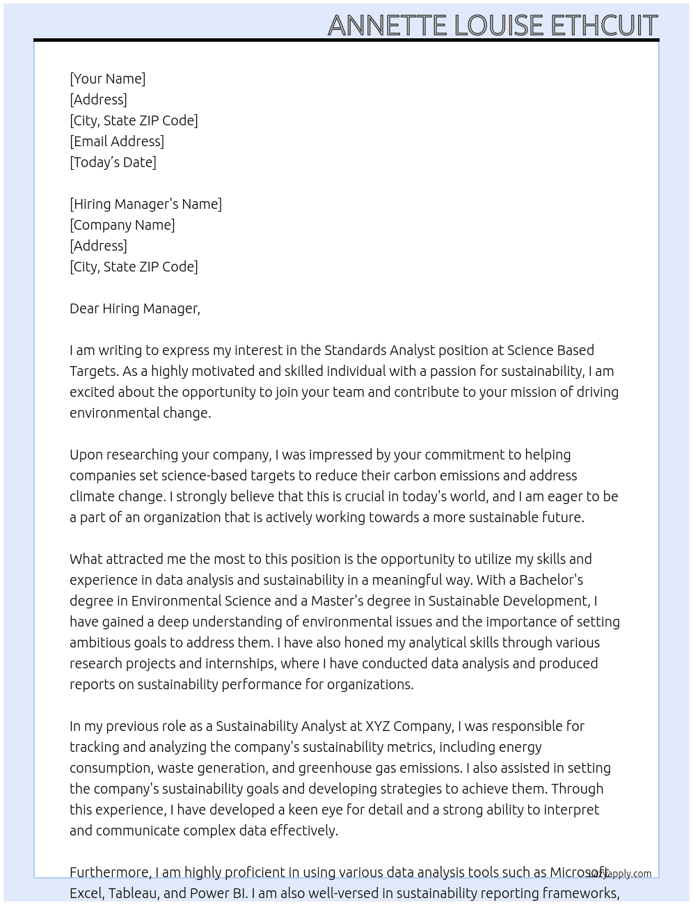 Standards Analyst At Science Based Targets Cover Letter