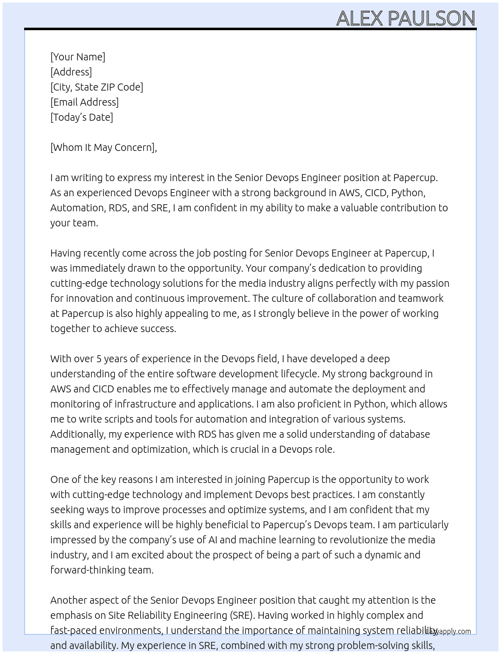 Senior Devops Engineer At Papercup Cover Letter
