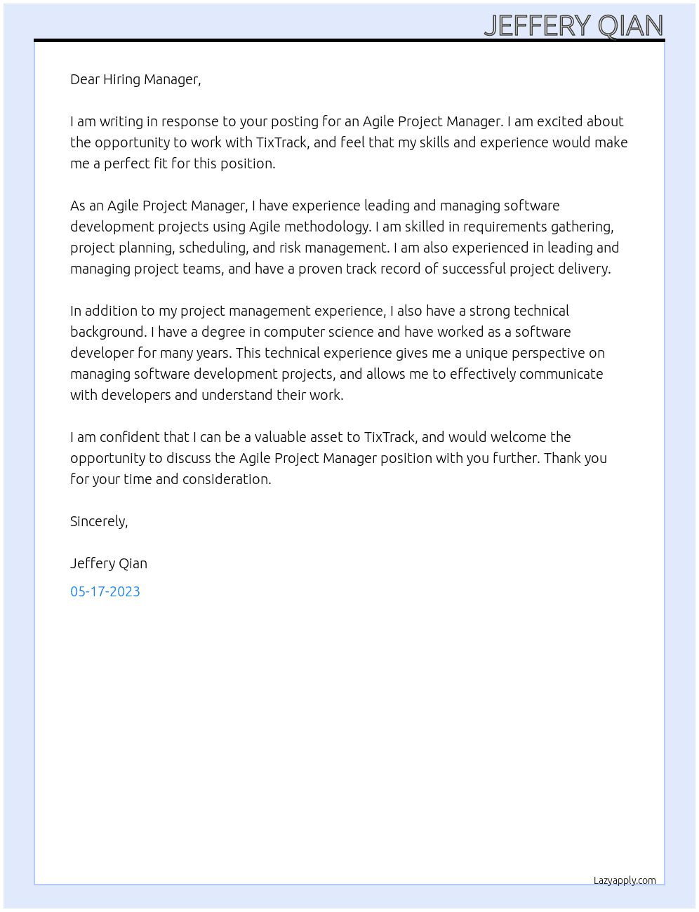 Agile Project Manager At TixTrack Cover Letter