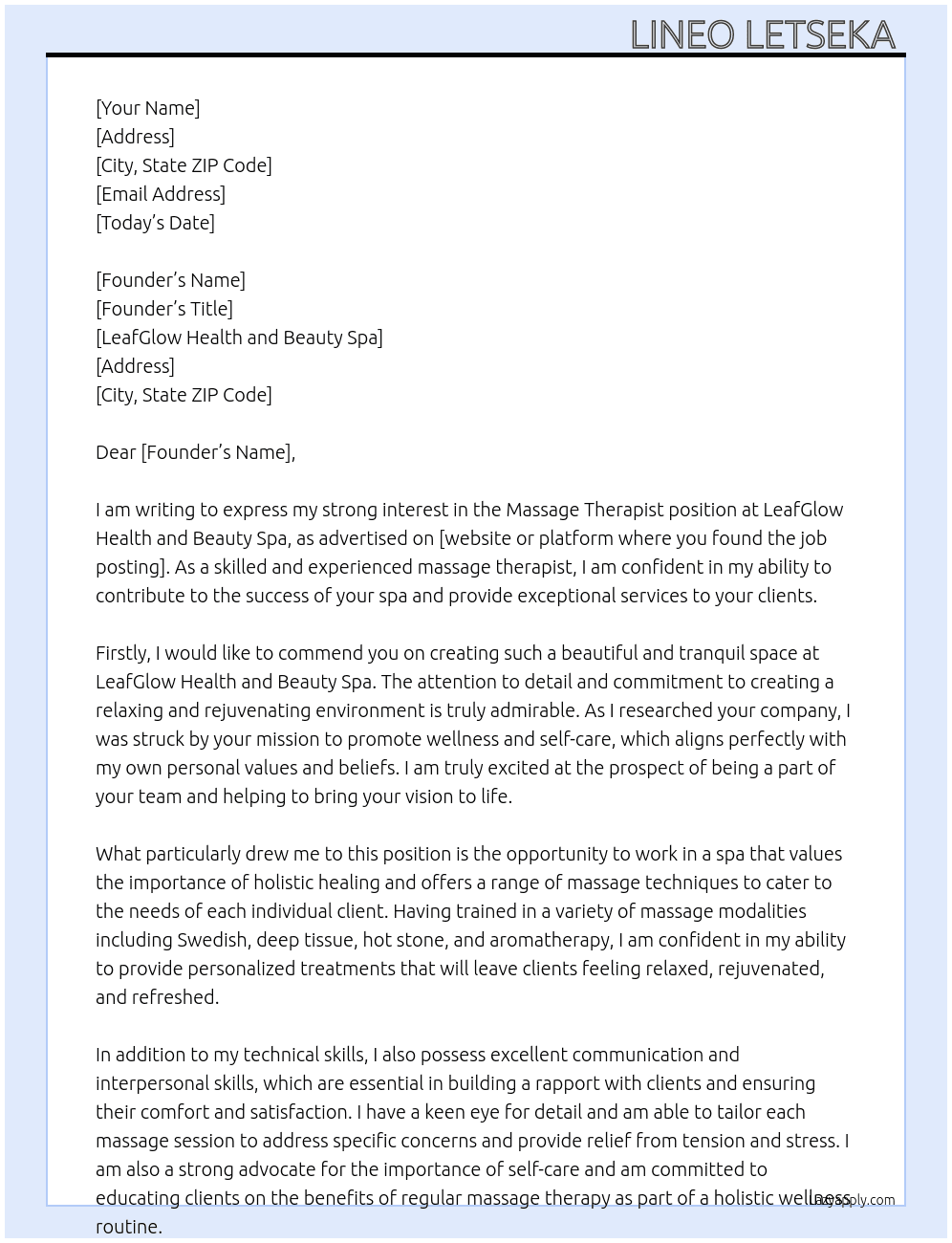 Massage therapist  At LeafGlow Health and beauty spa  Cover Letter