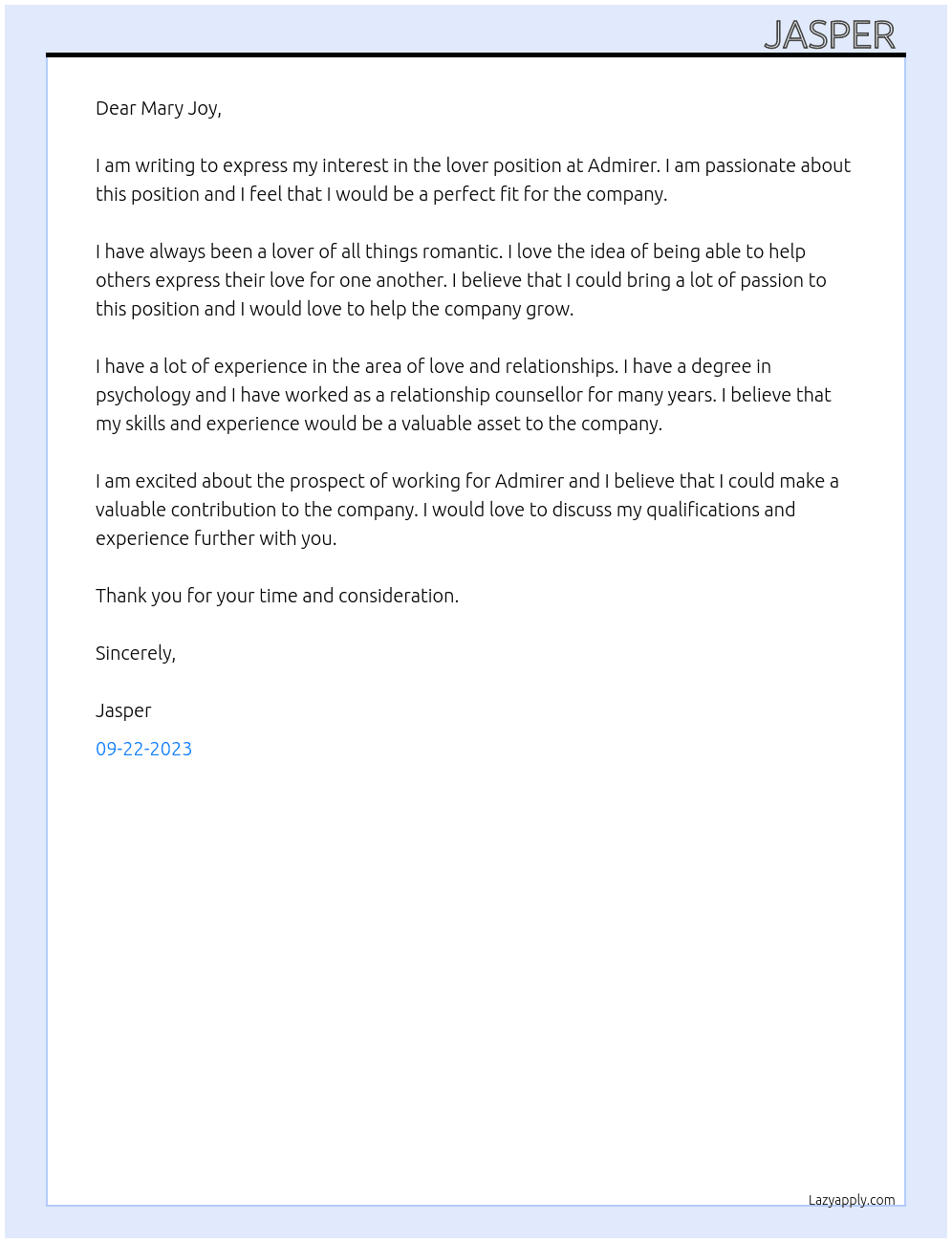 lover At admirer Cover Letter