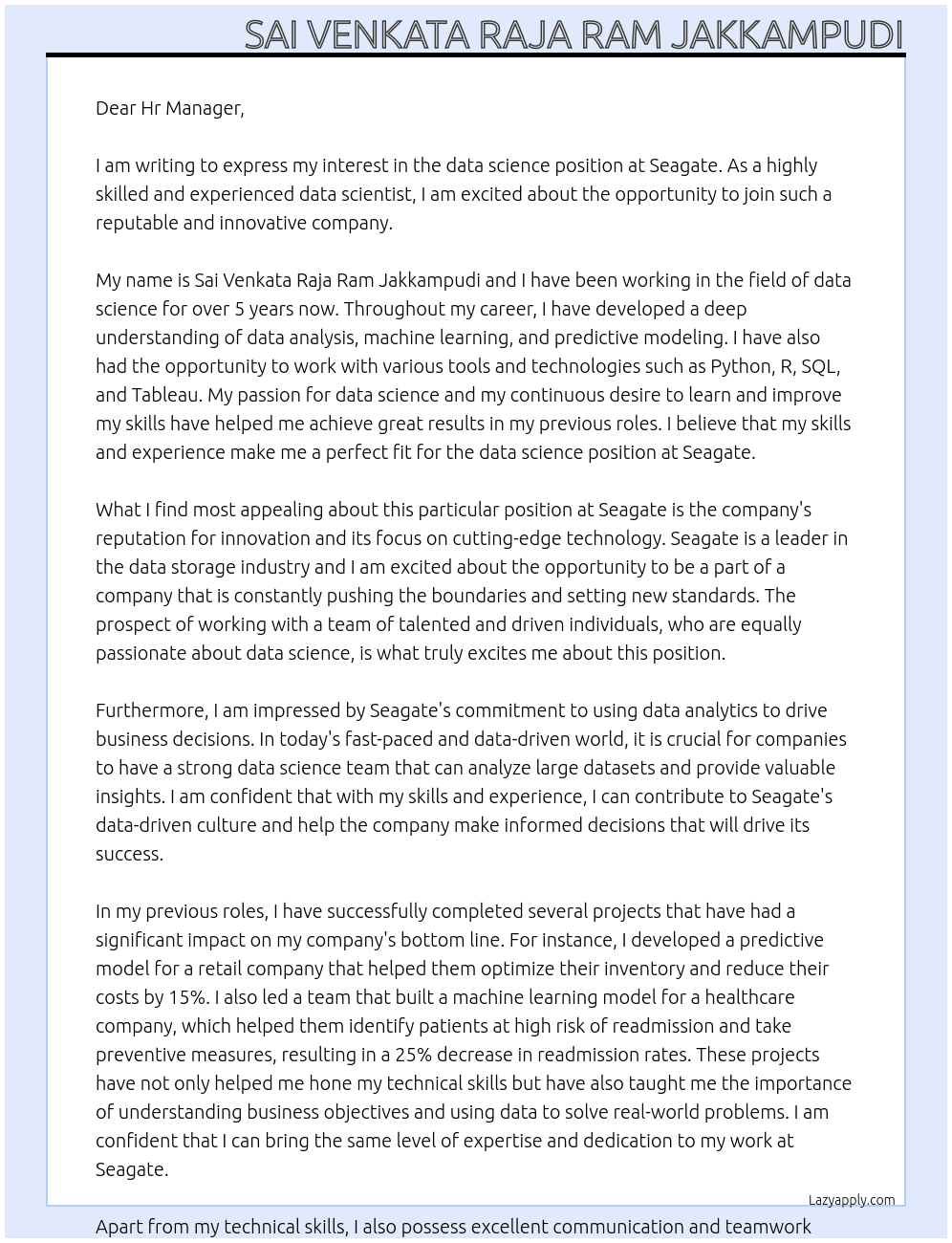 data science At Seagate Cover Letter