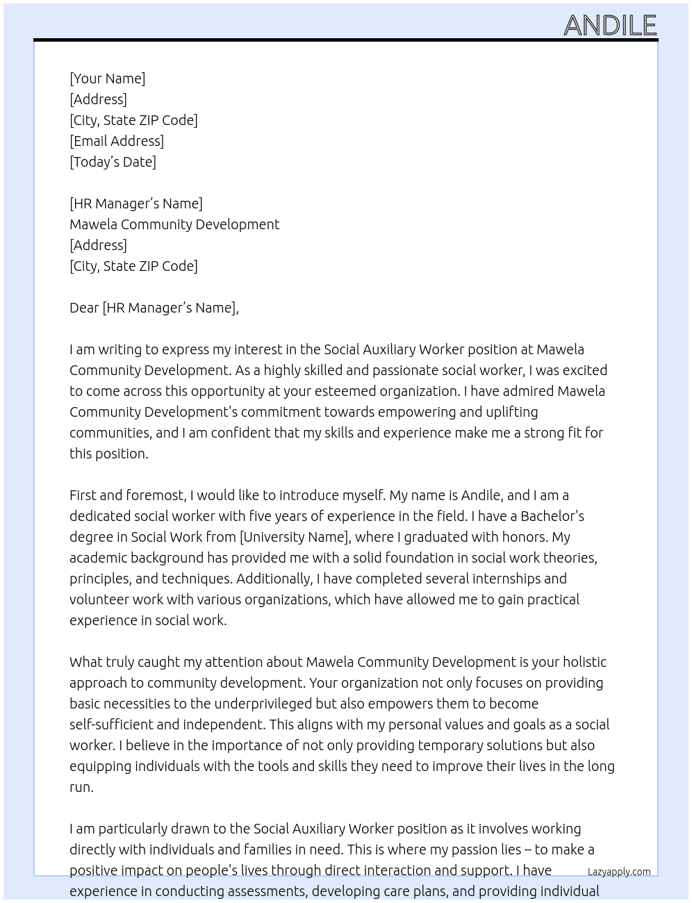 Social auxiliary worker At Mawela Community Development  Cover Letter