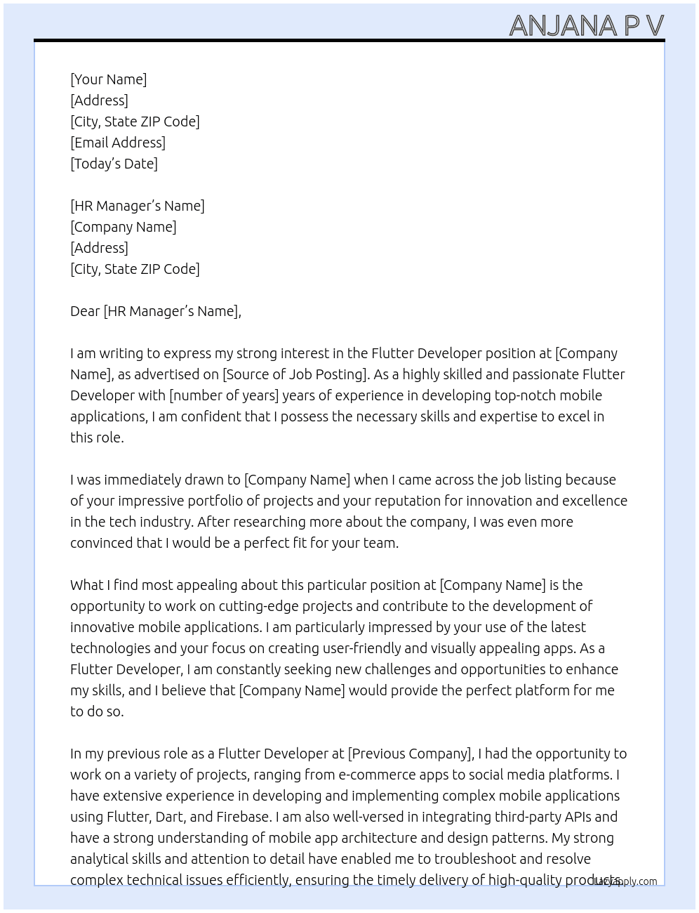 Flutter Developer At ANJANA P V Cover Letter