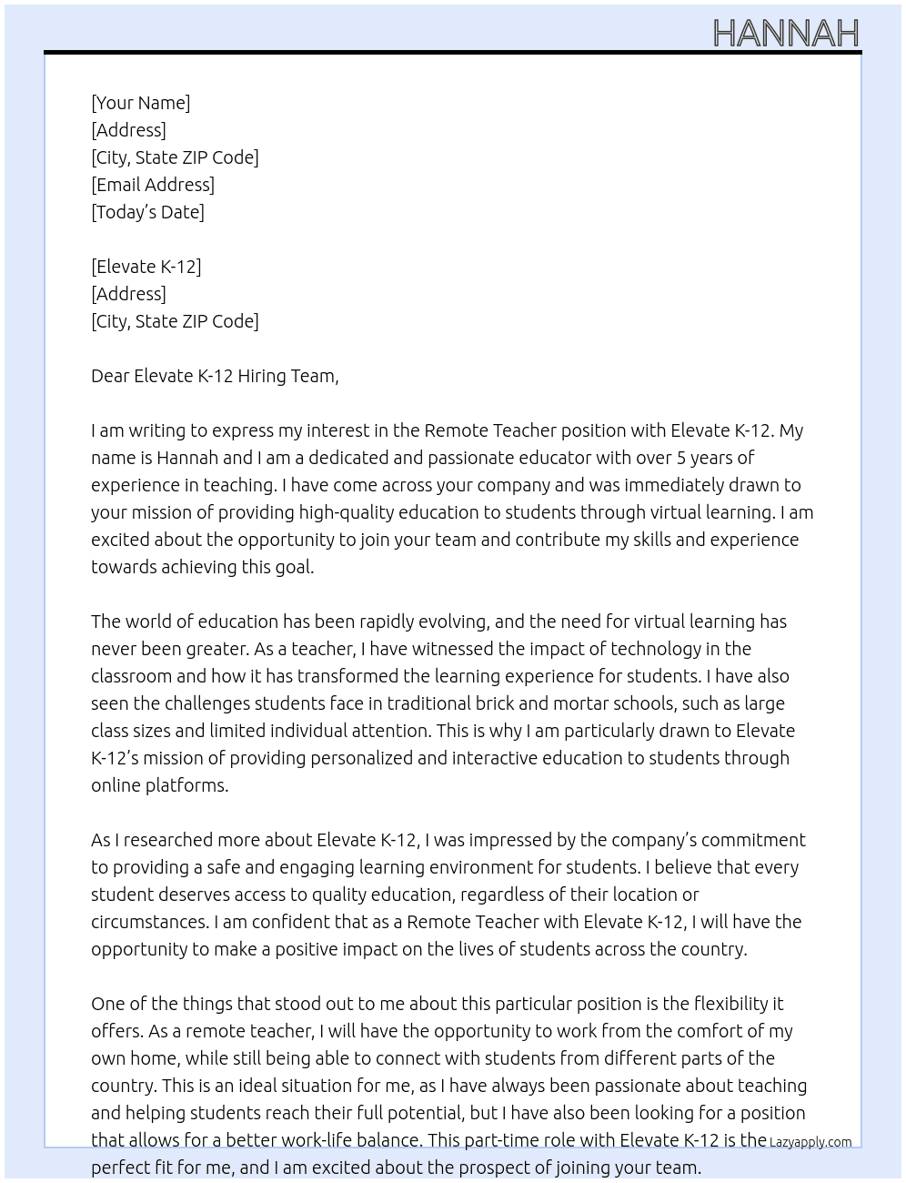 Remote teacher At Elevate K-12 Cover Letter