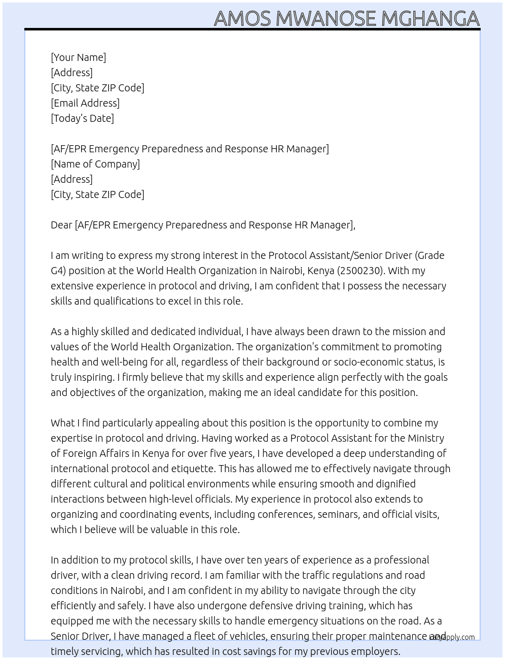 Protocol Assistant / Senior Driver (Grade G4) Nairobi, Kenya - (2500230) At WORLD HEALTH ORGANISATION Cover Letter