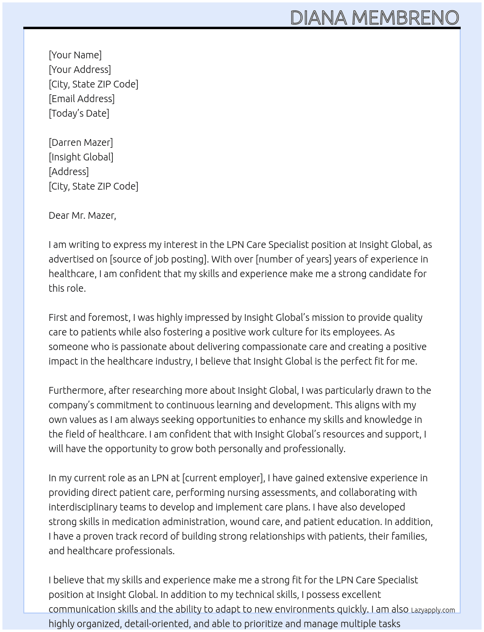 LPN Care Specialist At Insight Global Cover Letter