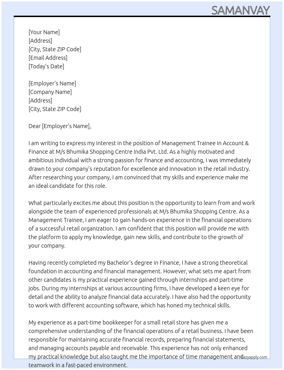 Management Trainee in Account & Finance At M/s Bhumika Shopping Centre India Pvt. Ltd. Cover Letter
