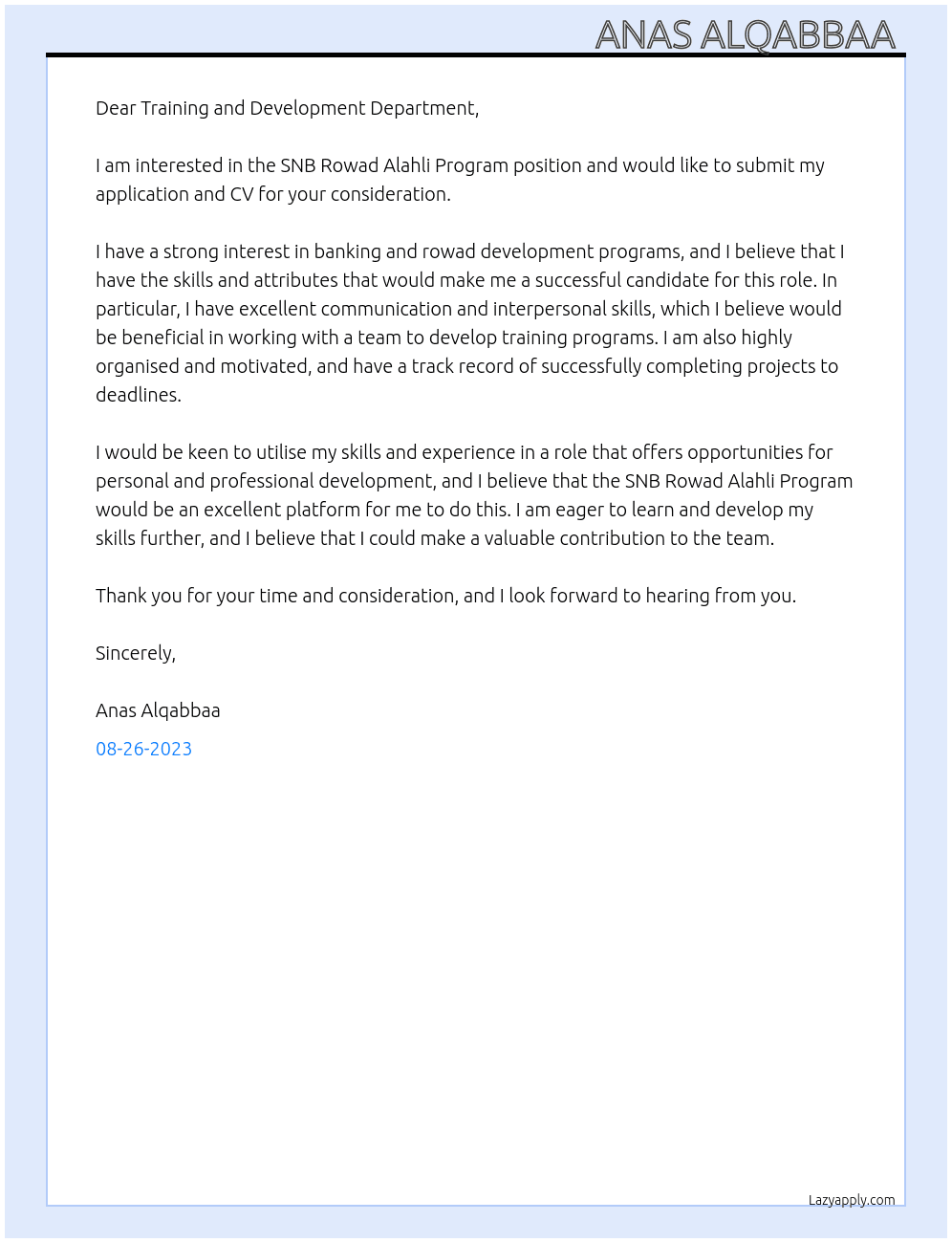 SNB Rowad Alahli Program At Saudi National Bank - SNB Cover Letter
