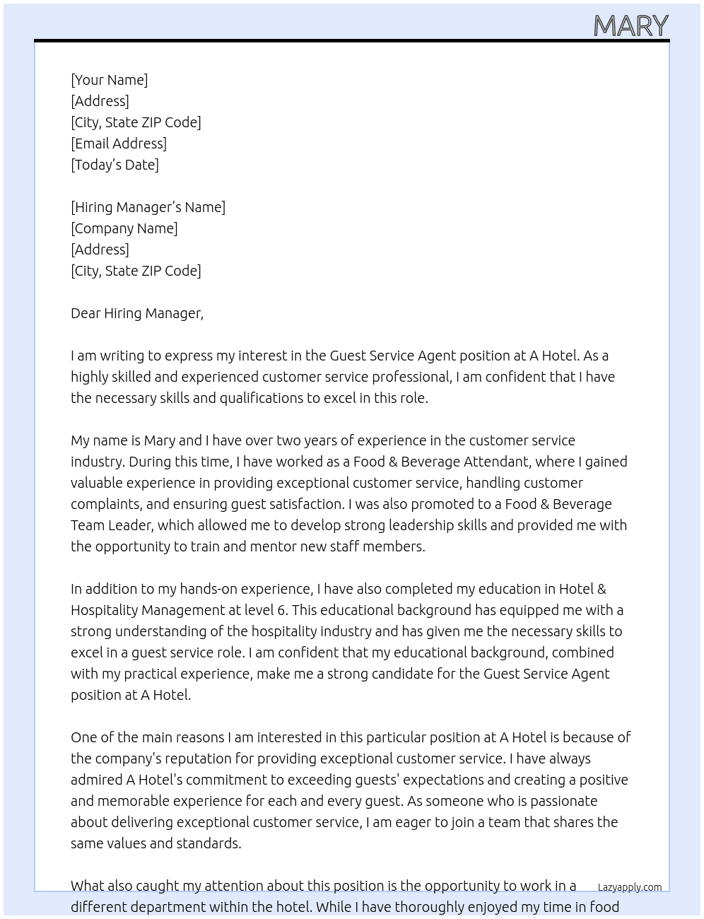 guest service agent At A Hotel Cover Letter