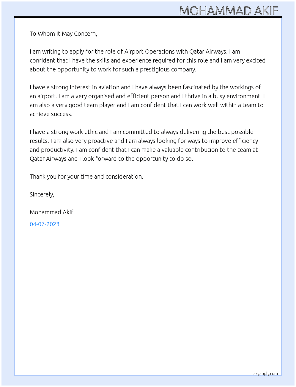 Airport Operation At Qatar Airways  Cover Letter