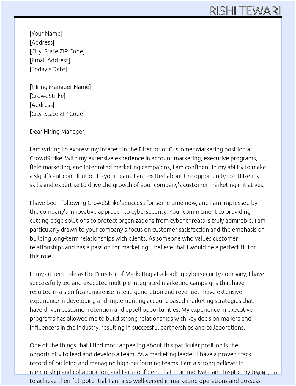Director Of Customer Marketing At CrowdStrike Cover Letter