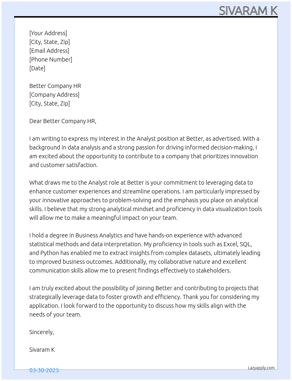 Analyst  At Better Cover Letter