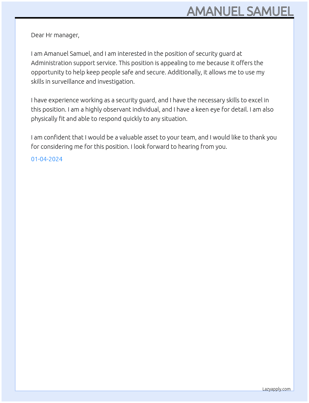Security guard At Administration support service  Cover Letter